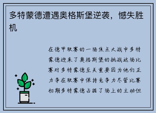 多特蒙德遭遇奥格斯堡逆袭，憾失胜机